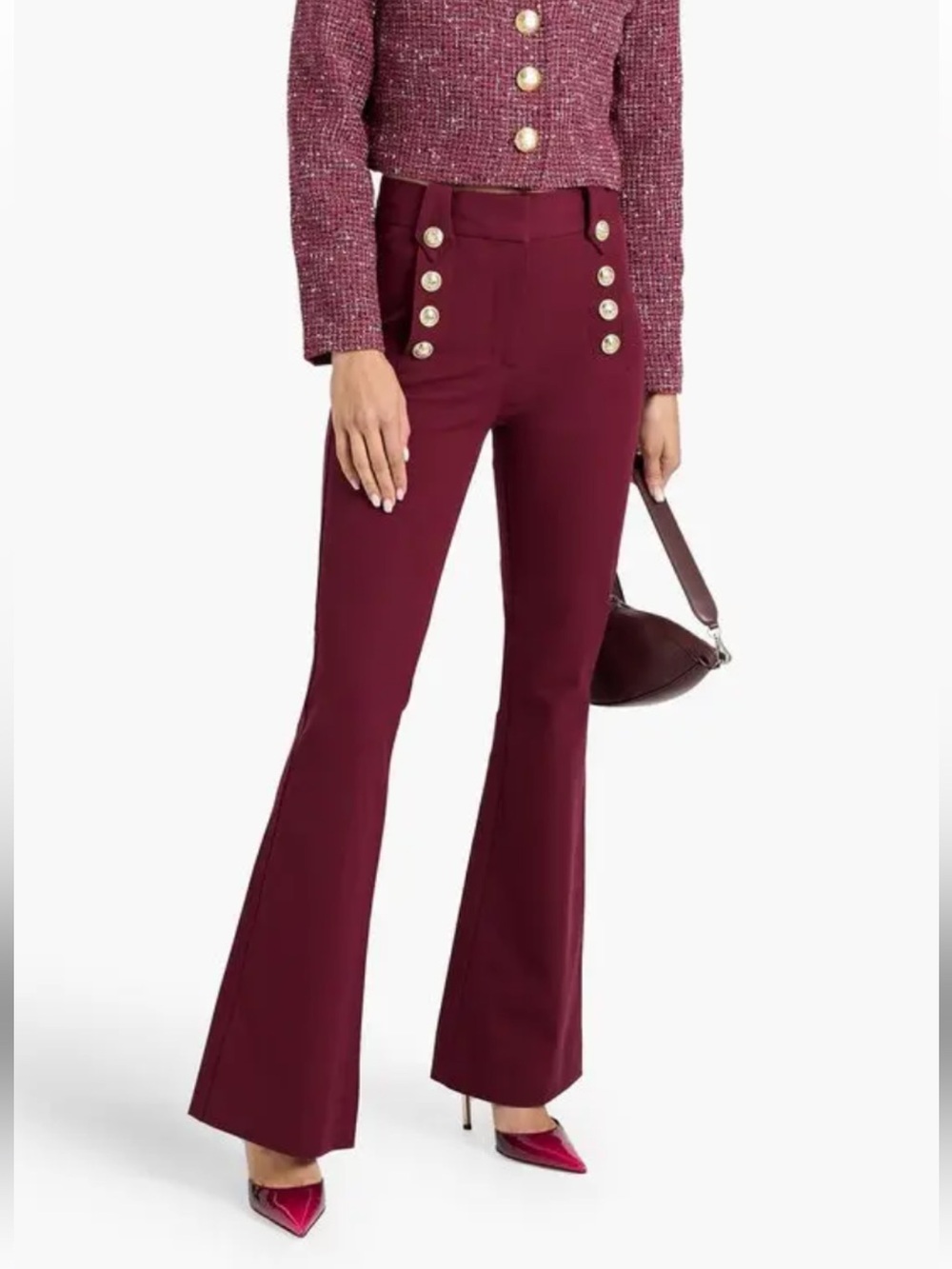Derek Lam Burgundy Flared High-Rise Pants with Gold Buttons